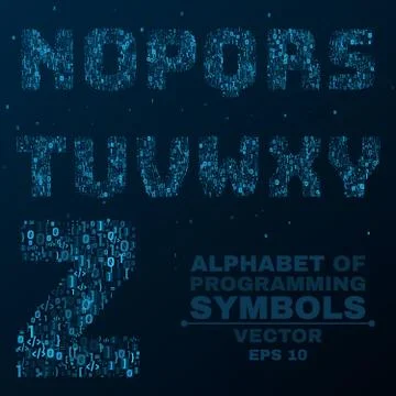 Alphabet from the symbols of the program code. Programming in design. Glowi.. Stock Illustration