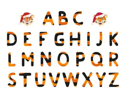 Alphabet from tiger pattern and muzzle of animal predator in Santa hat. Illustrazione stock