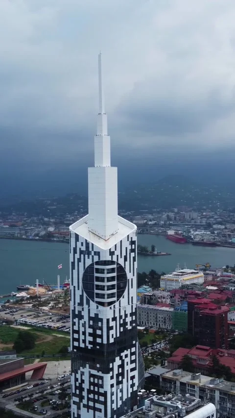Alphabet Tower and Batumi Technological University skyscraper, Georgia Stock Footage 340437258