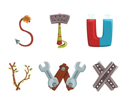 Alphabet with various objects. S,T,U,V,W,X creative cartoon letters made of Stock Illustration
