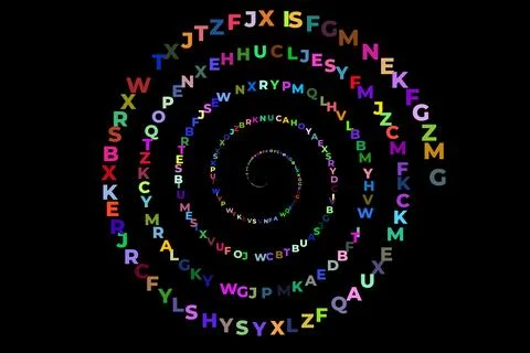 Alphabetic characters placed on a helix on a dark display with bright hues .. Illustrazione stock