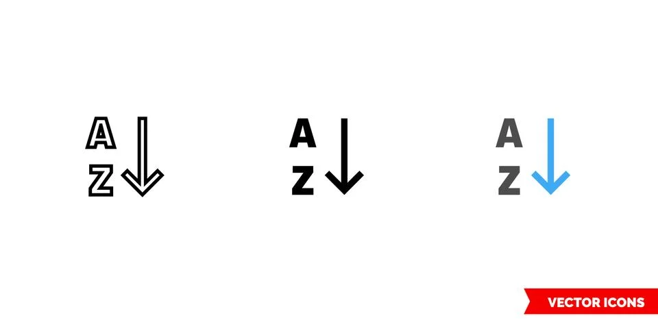 Alphabetical sorting icon of 3 types color, black and white, outline. Isolate Stock Illustration