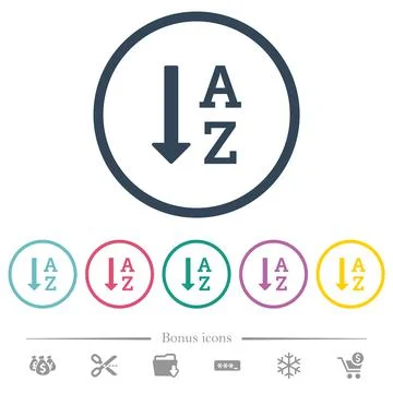 Alphabetically ascending ordered list flat color icons in round outlines Illustrazione stock