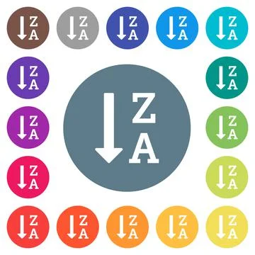 Alphabetically descending ordered list flat white icons on round color backgr Stock Illustration