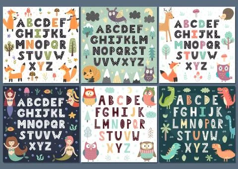Alphabets collection with cute characters. Wall Art for kids Stock Illustration