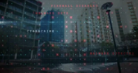 Alphanumeric code grid being projected over waterfront, showing red malware Stock Footage 328300489