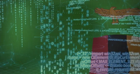 Alphanumeric code streams flowing over grid floor, overlaying colored blocks and Stock Footage 309036152