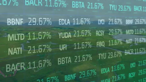 Alphanumeric codes appearing over farmland updating percentages rearranging and Stock Footage 314717149