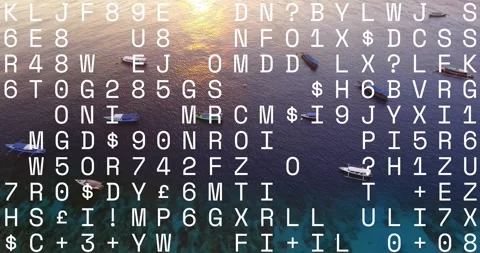 Alphanumeric overlay updating over sunset bay, triggered by data feed, Stock Footage 330237629