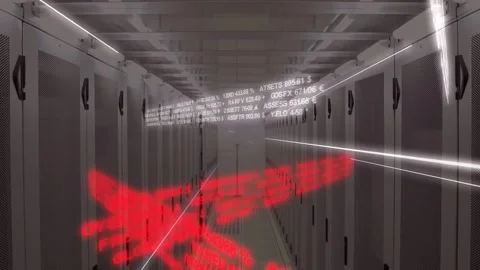 Alphanumeric ticker appearing causing server racks advancing, red graphic Stock Footage 331789823