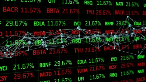 Alphanumeric tickers updating and driving node network oscillating over grid, Video stock 317799581