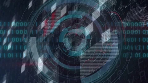 Alphanumeric tiles shifting revealing HUD rings rotating and visualizing global Stock Footage 332613787