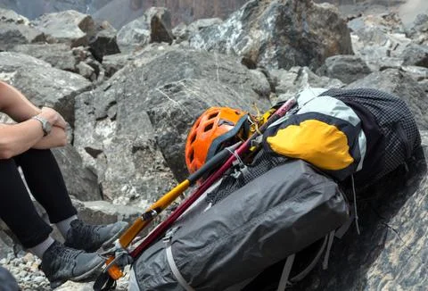 Alpine Backpack with Climbing Gear Attached Stock Photos