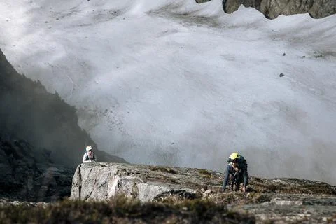 Alpine Climbers Looking Up 스톡 사진