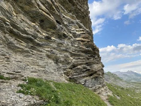 Alpine climbing rocks between the alpine lakes Melchsee and Tannensee Stock Photos