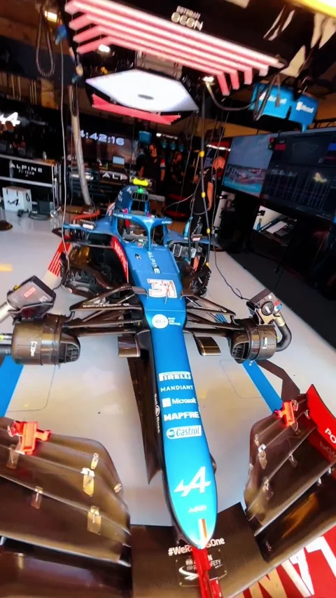 Alpine F1 car Esteban Ocon number 31 in garage Video stock 331600613