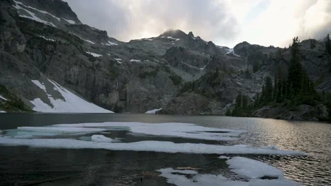 Alpine Glacial Lake and Icebergs at Sunset, 4K Stock Footage 160446853