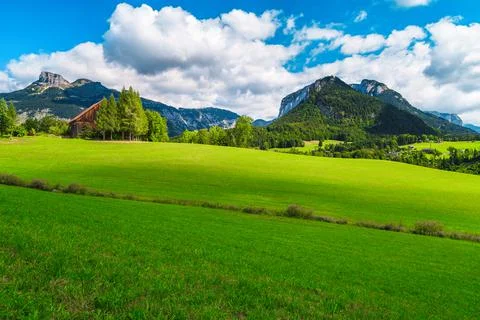 Alpine green fields and mountains in background, Altaussee, Salzkammergut, Au Stock Photos