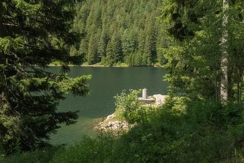 Alpine lake surrounded by pine forest, perfect landscape for relaxation, tourism Foto stock