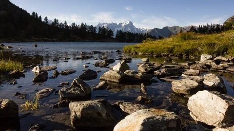 Alpine lake timelapse in sunset, Arpy, Morgex, Alps, Italy, Europe Stock Footage 93213091