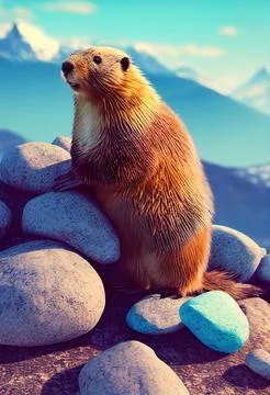 Alpine marmot resting on rocks in the sun. Groundhog in nature. 3d rendering Stock Illustration