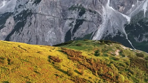 Alpine meadow and rock wall in the Sexten Dolomites at sunset Stock Footage 346646680