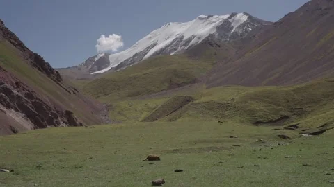 Alpine meadow and valley below a snow capped Pamir peak, Kyrgyzstan Видео 347243327