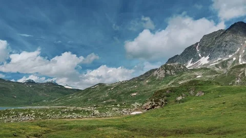 Alpine Meadow with Lush Greenery and Rugged Mountain Peaks in Summer Stock Footage 306157474