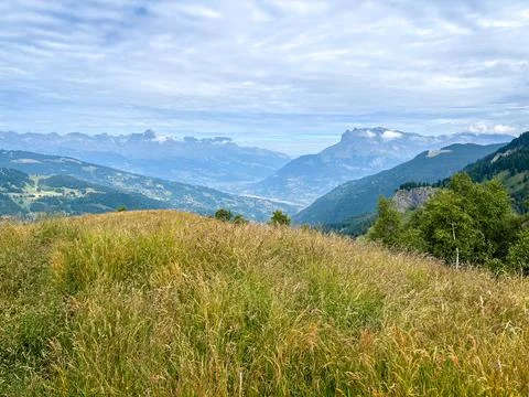 Alpine meadow with panoramic mountain view in Les Contamines-Montjoie, France Foto stock
