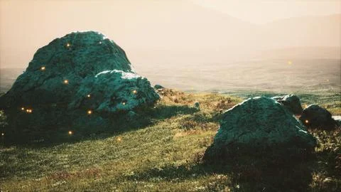 Alpine meadow with rocks and green grass Stock Illustration