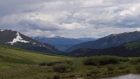 Alpine Meadow on top of mountain pass, Wild flowers bloom around a small pond. Stock Footage 117539947