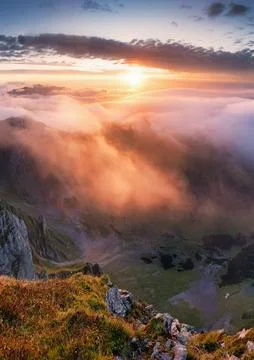 Alpine Mountain landscape at dramatic sunrise in Austria Alps, Styria Stock Photos
