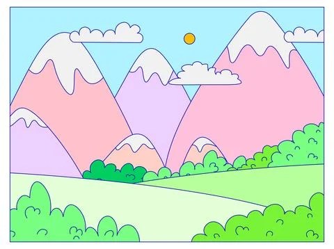 Alpine mountain landscape view, sun outdoor grass wild field hike area, concept イラスト素材