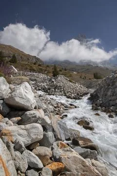 Alpine mountain stream flowing through rocky landscape Stock Photos