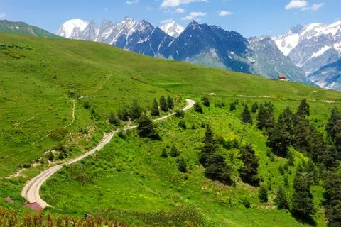 Alpine mountains. Spring mountain valley Stock Photos