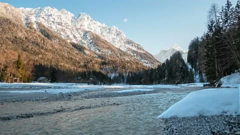Alpine river flowing downstream in Slovenia. Winter season Stock-Footage 148987906