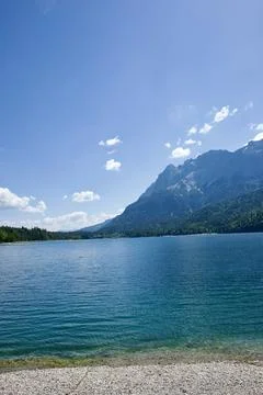 Alpine River Flowing Through Forest Valley Beneath Clear Blue Sky 库存照片