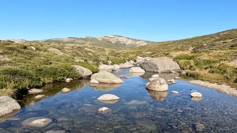 Alpine River Flowing Through Rocky Terrain on Mount Kosciuszko Main Range, .. Stock Footage 312062359
