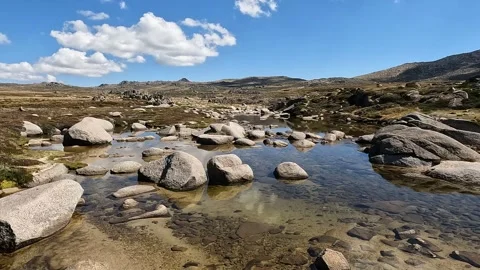 Alpine River Flowing Through Rocky Terrain on Mount Kosciuszko Main Range, .. Stock Footage 312062399