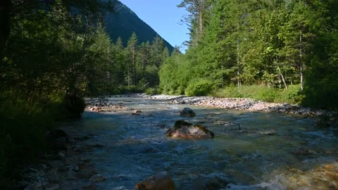 Alpine river flows in a valley, Slovenia Stockbeeldmateriaal 214406743