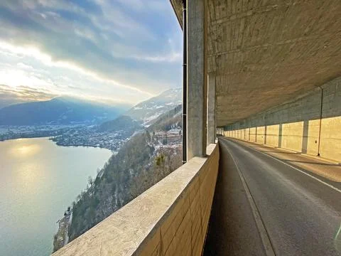 Alpine road gallery between settlements of Weesen and Amden, Weesen Stock Photos