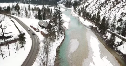 Alpine road river snow drone Stock-Footage 146799188