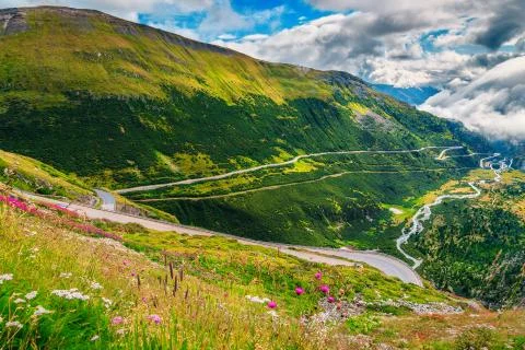 Alpine road with serpentines and alpine flowers, Furka pass, Switzerland Stock Photos