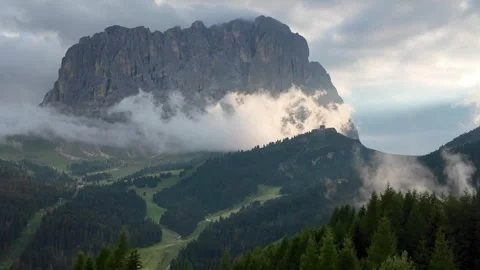 Alpine scenery at Gardena Pass with the surrounding Dolomite mountains, green Video stock 345026795