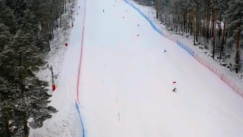 Alpine skiing, pine forest, winter, mountains, fog Stock Footage 121789627