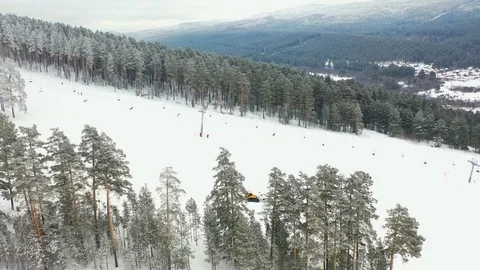 Alpine skiing, pine forest, winter, mountains, fog Stock Footage 121789811