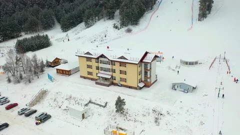 Alpine skiing, pine forest, winter, mountains, fog Stock Footage 121791454