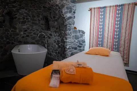 Alpine spa room with massage table and tub in Oberlech, Austria Stock Photos