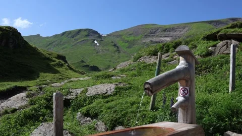 Alpine spring water with no drinking sign, mountain water Video stock 281952824