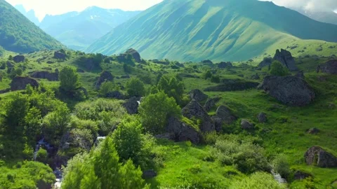 Alpine stream winds through aerial view across Roshka boulders and green valley Stock Footage 340758853